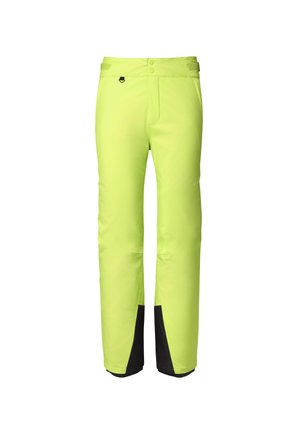 Neon yellow ski pants with a smooth texture, featuring two buttons at the waist and black accents at the cuffs for enhanced visibility.