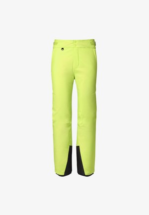 Neon yellow ski pants with a smooth texture, featuring two buttons at the waist and black accents at the cuffs for enhanced visibility.