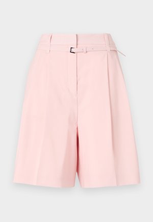 Light pink tailored shorts made of smooth fabric, featuring a belted waist, pleated front, and wide leg design for a structured fit.