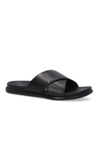 Zwarte leren slide-sandalen met een kruisbandontwerp, platte zool en minimalistische stijl. Glad textuur en eenvoudige constructie.