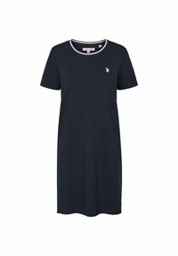 Rochie din bumbac bleumarin, cu mâneci scurte, guler rotund și accente ribbed în trei culori. Prezintă un logo mic brodat pe piept.