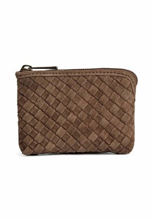 Brown suede zippered pouch with a woven texture pattern, rectangular shape, and metal zipper pull on a white background.