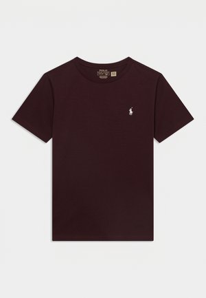 Mørk vinrød T-shirt med korte ærmer og rund hals med lille hvid Polo Ralph Lauren-logo på venstre bryst.