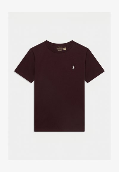 Dark maroon short-sleeve crew neck T-shirt with small white Polo Ralph Lauren logo on the left chest.