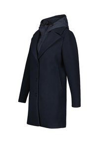 Tmavě modrý kabát s kapucí, jednobarevný design, dvě boční kapsy a texturovaná látka. Kapuce je prošívaná a odnímatelná.
