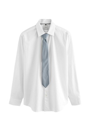 White button-up shirt with long sleeves and a rounded hem, paired with a light blue silk tie, showcasing a smooth texture.
