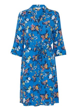 Vestido floral azul con cuello, mangas tres cuartos, cinturilla con lazo y patrones de flores coloridas en tela suave.