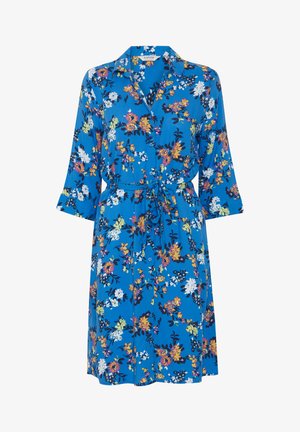 Blaues Blumenkleid mit Kragen, Dreiviertelärmeln, einer Taillenschnürung und bunten Blumendrucken auf weichem Stoff.