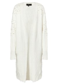 Cardigan alb din material pufoș, cu mâneci lungi și detalii cu perle pe umeri. Design deschis în față, cu manșete rib în partea de jos.
