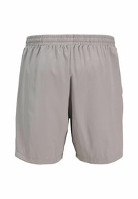 Pantalones cortos de color gris claro con una cintura elástica, hechos de una tela suave, con un corte relajado y sin adornos adicionales.