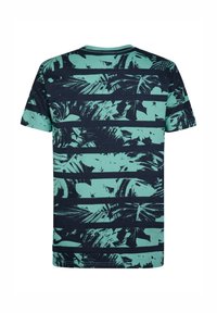 T-shirt s kratkimi rokavi z teal in mornarsko nagubanimi črtami ter botaničnim vzorcem, izdelan iz dihajočega bombažnega materiala.