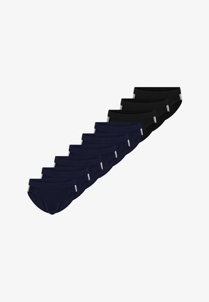 Een pak van tien slips in marineblauw en zwart. Gemaakt van katoen, klassieke slipvorm, met contrasterende taillebandaccenten. Zachte textuur en aansluitend ontwerp.