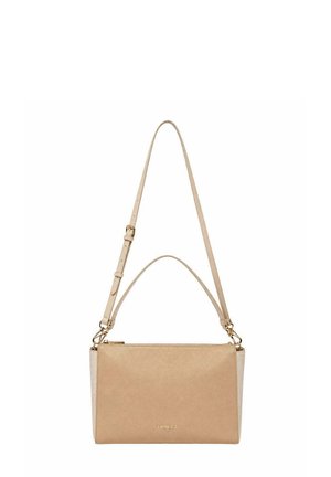 Borsa beige rettangolare con due tracolle, una tracolla regolabile e una maniglia corta, con accessori color oro e logo Twinset.