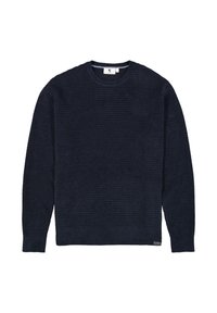 Donkerblauwe gebreide sweatshirt met een textuurpatroon, ronde hals en lange mouwen. Bevat een klein merklabel aan de onderzijde.