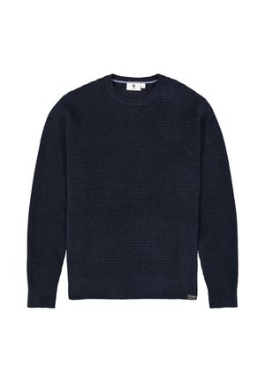 Sudadera de punto en azul marino con un patrón texturizado, cuello redondo y mangas largas. Presenta una pequeña etiqueta de la marca en el lado inferior.