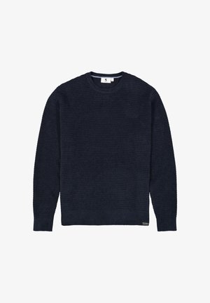 Sudadera de punto en azul marino con un patrón texturizado, cuello redondo y mangas largas. Presenta una pequeña etiqueta de la marca en el lado inferior.