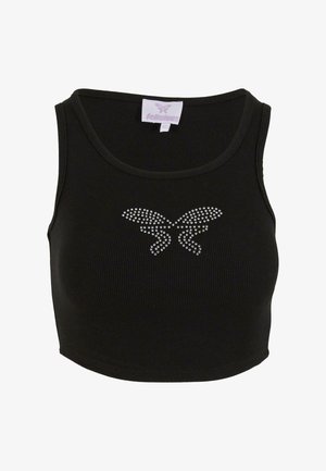 Schwarzes geripptes Cropped Top mit figurbetontem Schnitt, das auf der Vorderseite ein Schmetterlingsmotiv aus Strasssteinen zeigt. Enthält ein Etikett mit dem Markennamen.