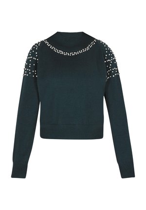 Tamsiai žalia trumpa megztinis su ilgomis rankovėmis, papuoštas perlų akcentais pečių ir iškirptės linijoje. Minkšta mezgimo tekstūra.
