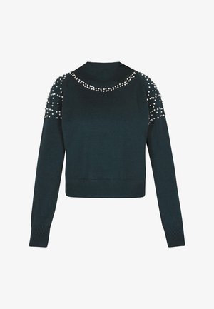 Tumši teāļi apgriezts džemperis ar garām piedurknēm, ar pērļu rotājumiem plecu un dekoltē apgabalā. Mīksta adījuma tekstūra.