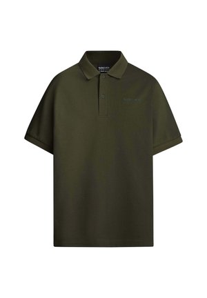 Olive krāsas kokvilnas polo krekls, ar apkakli, īsām piedurknēm un diskrētu logotipu uz krūtīm, ar vienmērīgu tekstūru.