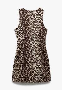 Ärmelloses Kleid mit Leopardenmuster in taillierter Form, mit einem braun-beigen Design, aus weichem Stoff und einem verdeckten Reißverschluss im Rücken.