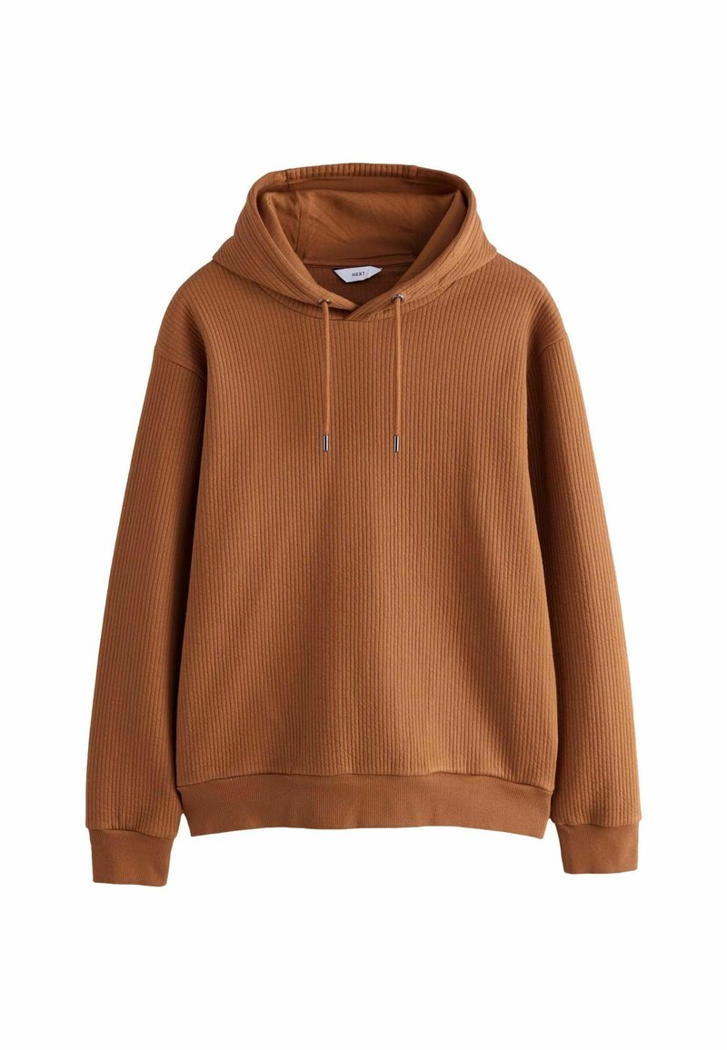 Sudadera marrón con canalé y capucha con cordón. Presenta un ajuste relajado y una tela texturizada, terminada con un dobladillo y puños flexibles de canalé.