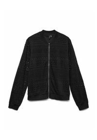 Zwarte bomberjack met een textuur van kantpatroon, een ritssluiting aan de voorkant en geribde manchetten en zoom. Lichtgewicht en ademend materiaal.