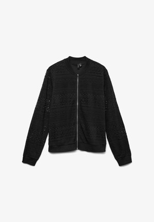 Zwarte bomberjack met een textuur van kantpatroon, een ritssluiting aan de voorkant en geribde manchetten en zoom. Lichtgewicht en ademend materiaal.