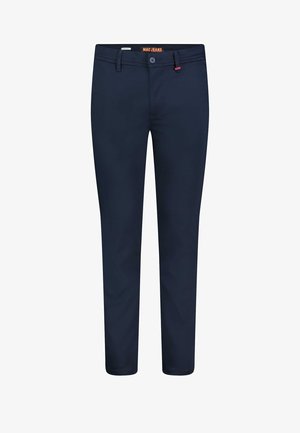 Himmelblaue Hosen aus weichem, glattem Stoff mit Slim-Fit, ausgestattet mit einem Knopfverschluss und einem gebrandeten Bund.