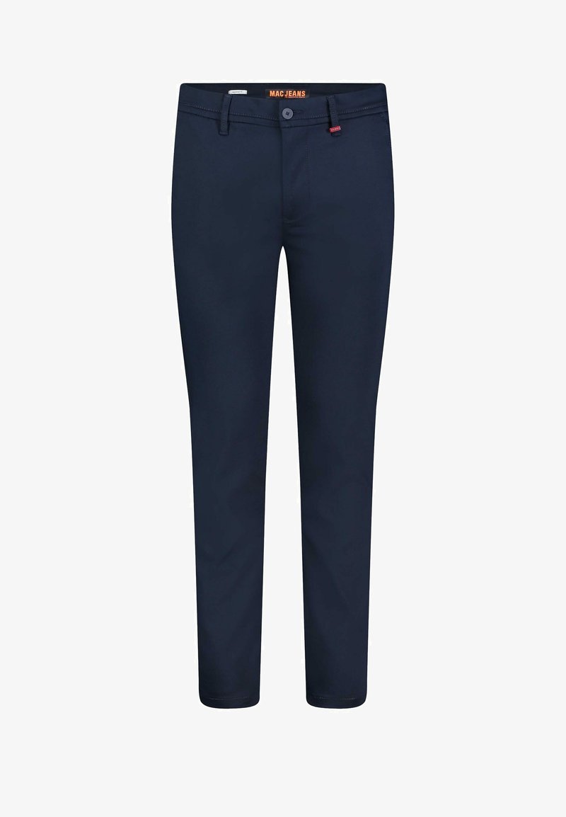 Himmelblaue Hosen aus weichem, glattem Stoff mit Slim-Fit, ausgestattet mit einem Knopfverschluss und einem gebrandeten Bund.