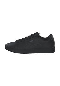 Zapatillas negras tipo sneaker con cordones, con una parte superior sintética suave, punta redondeada y suela texturizada. Incluye un logotipo sutil en el lateral.