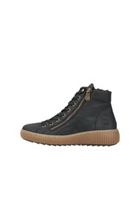 Basket haute noire avec une finition texturée, dotée d'une fermeture éclair sur le côté, d'un devant lacé et d'une semelle en caoutchouc marron contrastante.