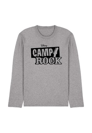 Graues Langarmshirt mit schwarzem und weißem "Disney Camp Rock"-Logo mit einer Grafik eines Gitarrenhalses auf der Brust.