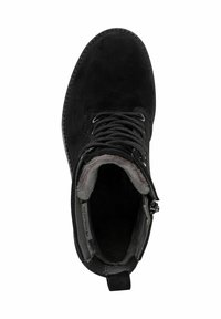 Black suede ankle boot with round toe, laces, and padded interior. Features a side zipper and textured sole. Smooth, soft surface.