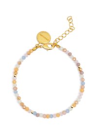Pulsera de cuentas con piedras de colores pastel en melocotón, azul y blanco, con detalles en dorado y cierre de broche. Longitud de cadena ajustable.
