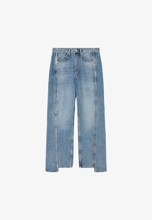 hele hele sinised teksapüksid sirgete säärtega, esitugevate taskute ja vertikaalsete metallist naeltega mööda küljesõmblusi ja taskuääri.