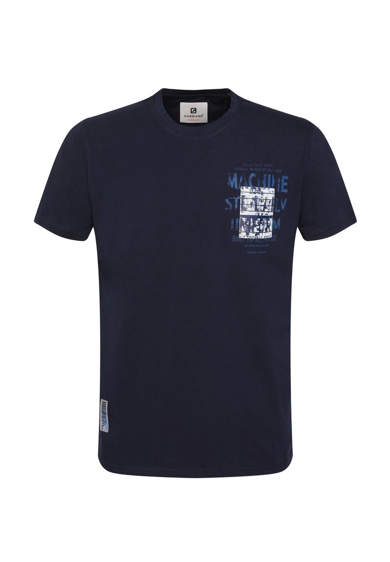 Navy blue cotton T-shirt with short sleeves featuring a graphic print in light blue and white on the front, tag on the left side.