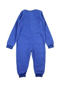 Grenouillère en polaire bleue avec manches longues, poignets côtelés et col rond. Texture lisse, couleur unie, sans attaches ni motifs visibles.