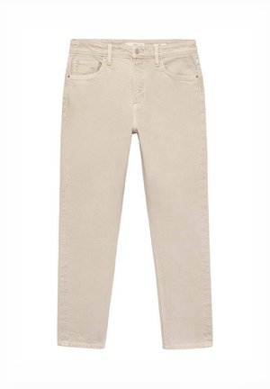 Beige cotton jeans with a straight cut, five pockets, and a button fly. Smooth texture with minimal stitching details.