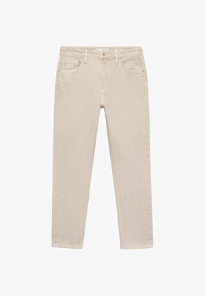 Vaqueros de algodón beige con corte recto, cinco bolsillos y cierre de botón. Textura suave con detalles de costura mínimos.