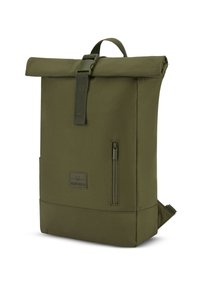 Zöld, felhajtható hátizsák tartós anyagból készült, elülső cipzáras zsebbel, állítható pántokkal és texturált felülettel. Jellemzője egy logós folt.