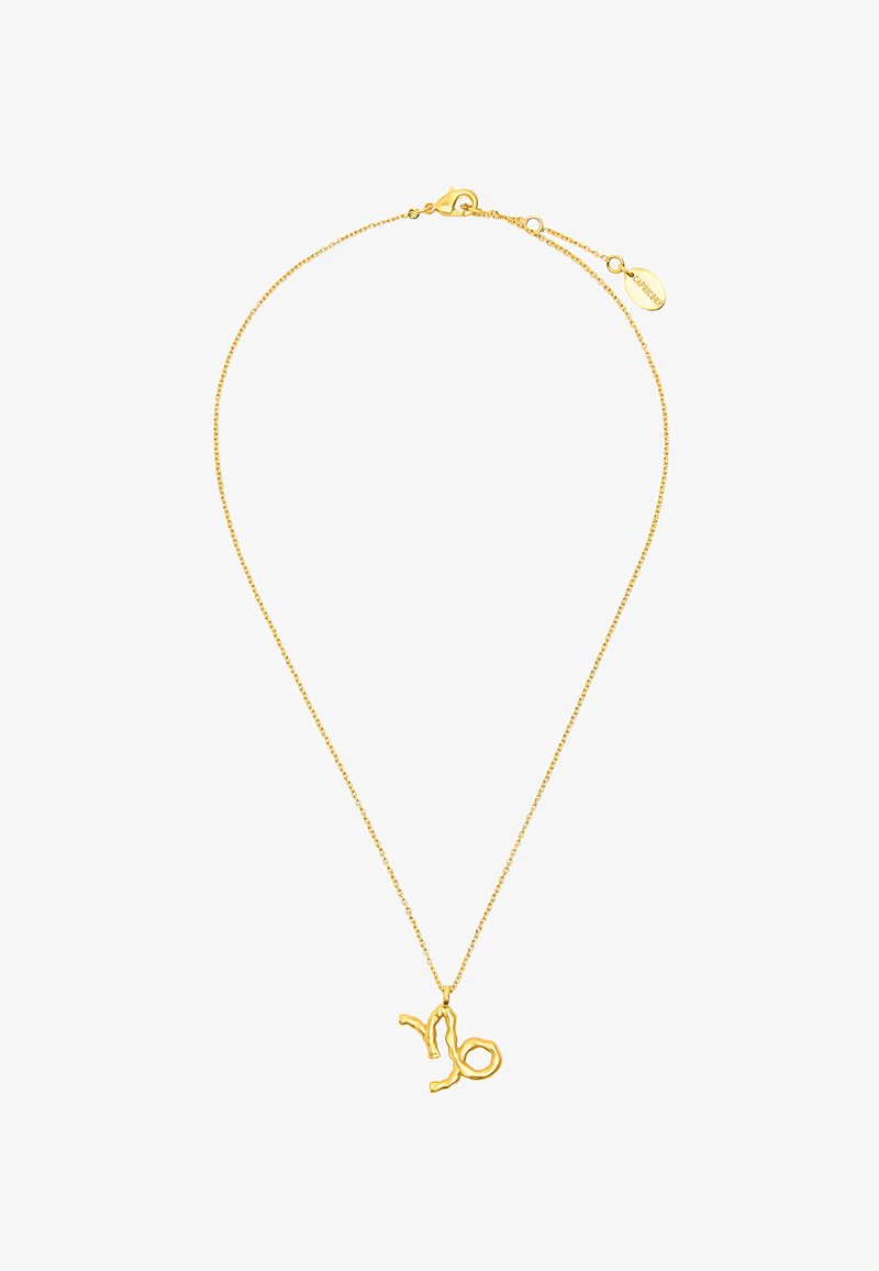 Złota naszyjnik z delikatnym łańcuchem. Ma zawieszkę z teksturowanym symbolem Koziorożca, zamocowaną za pomocą zapięcia typu homar i regulowanej długości.