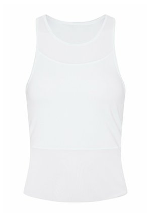 Hvit atletisk tanktopp med rund hals, ermeløs design og tettsittende midje. Laget av glatt, elastisk stoff. Ingen synlige mønstre.