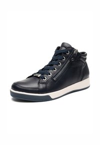 Black leather high-top sneaker with navy laces, side zipper, and white sole, angled to show outer side and front.