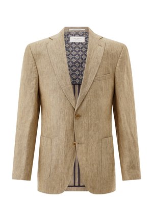 Beiger Leinen-Herrenblazer mit zwei Knöpfen, Revers mit Kerbkragen, drei Außentaschen und gemustertem Innenfutter.