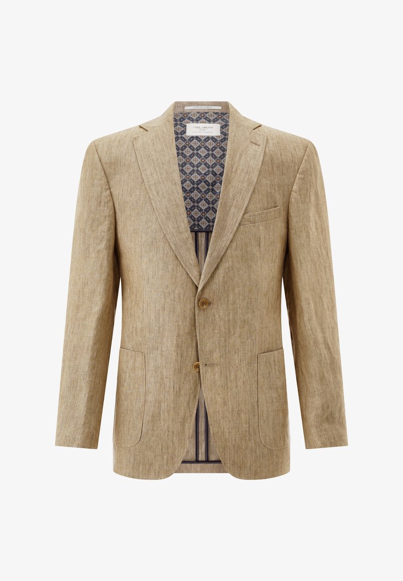 Beiger Leinen-Herrenblazer mit zwei Knöpfen, Revers mit Kerbkragen, drei Außentaschen und gemustertem Innenfutter.