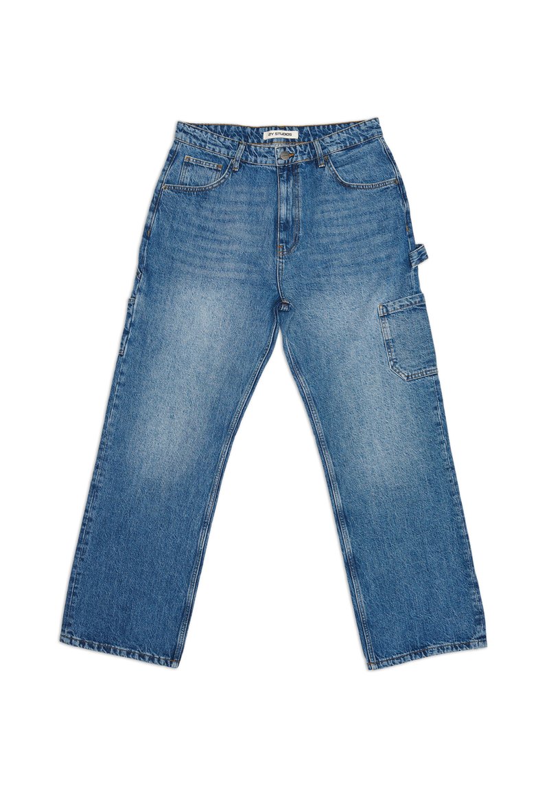 Světle modré džínové kalhoty typu cargo s rovným střihem, obsahující přední kapsy, boční kapsu a lehce vybledlou texturu.