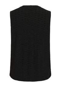 Haut sans manches noir avec un motif texturé en dentelle, mettant en avant des découpes en forme de diamant et un col arrondi.