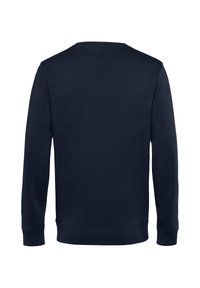 Sudadera marina de manga larga, cuello redondo y puños de canalé. Textura de tela lisa con un color sólido, sin logotipos ni patrones visibles.