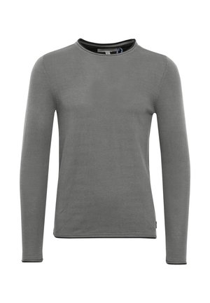 Cămașă gri cu mânecă lungă, fabricată dintr-un material moale, având un guler rotund și un tiv negru contrastant la guler și manșete.